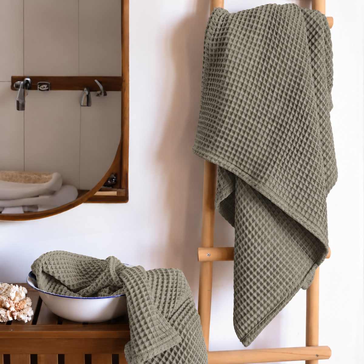 Drap de bain Nid d'Abeille – Vert Sauge