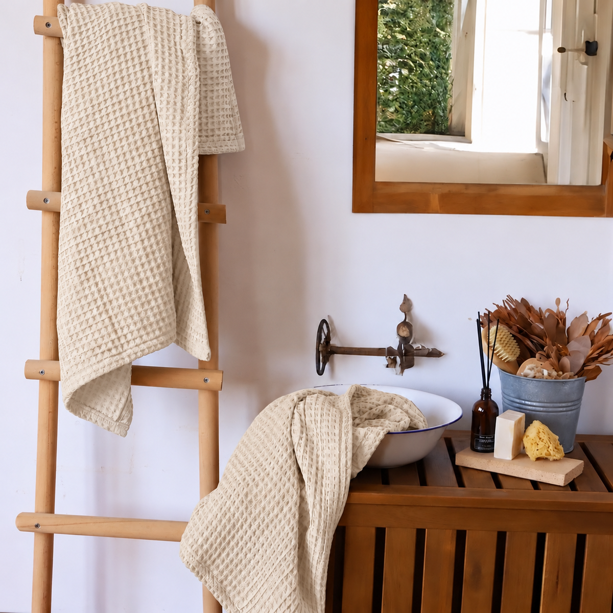Drap de bain Nid d'Abeille – Blanc Crème