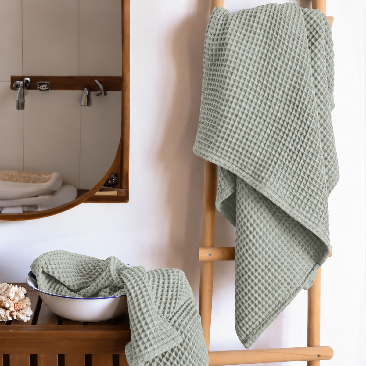 Drap de bain Nid d'Abeille – Vert de Gris